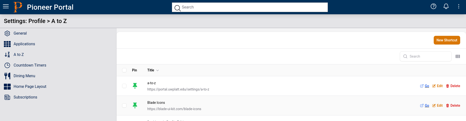 Portal A to Z settings page