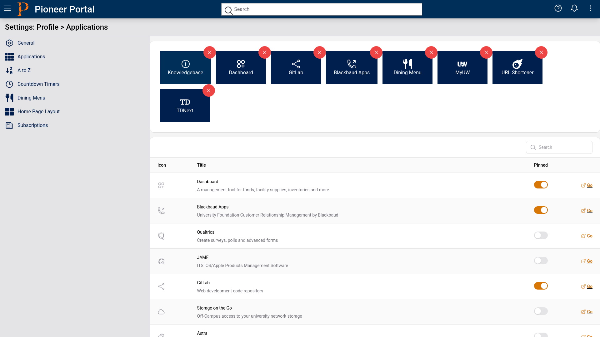 Portal applications settings page